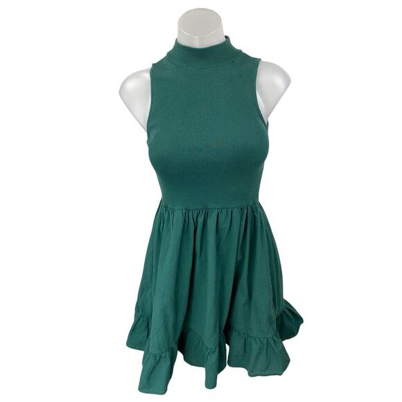 Zara Green Sleeveless Ribbed Knit Turtleneck Ruffle Fit & Flare Mini Dress Sz S - Picture 1 of 4